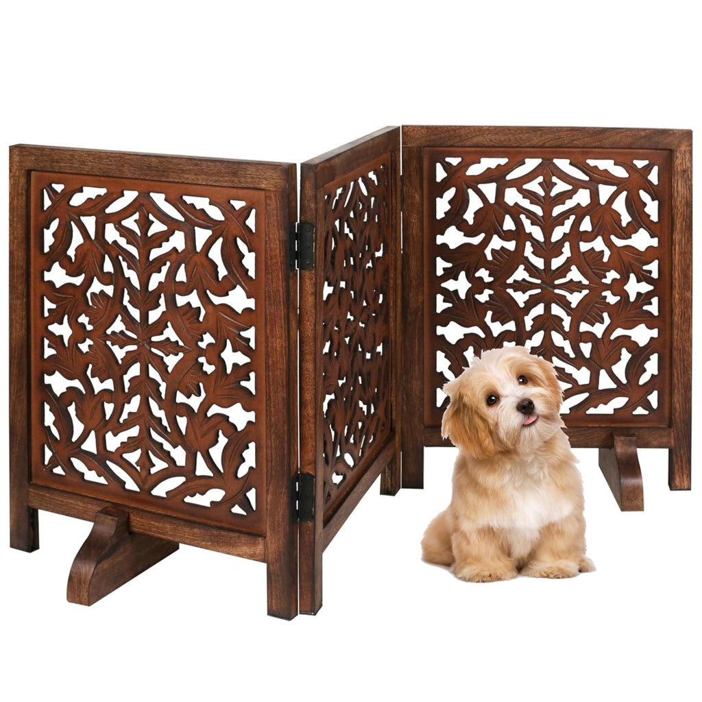 The Wooden Town Freestanding Dog Gate, Foldable 3-Panel Wooden Pet Gate, Hand-Carved Solid Wood & MDF, Burnt Finish, 54" W x 24" H