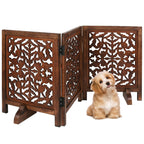 The Wooden Town Freestanding Dog Gate, Foldable 3-Panel Wooden Pet Gate, Hand-Carved Solid Wood & MDF, Burnt Finish, 54" W x 24" H