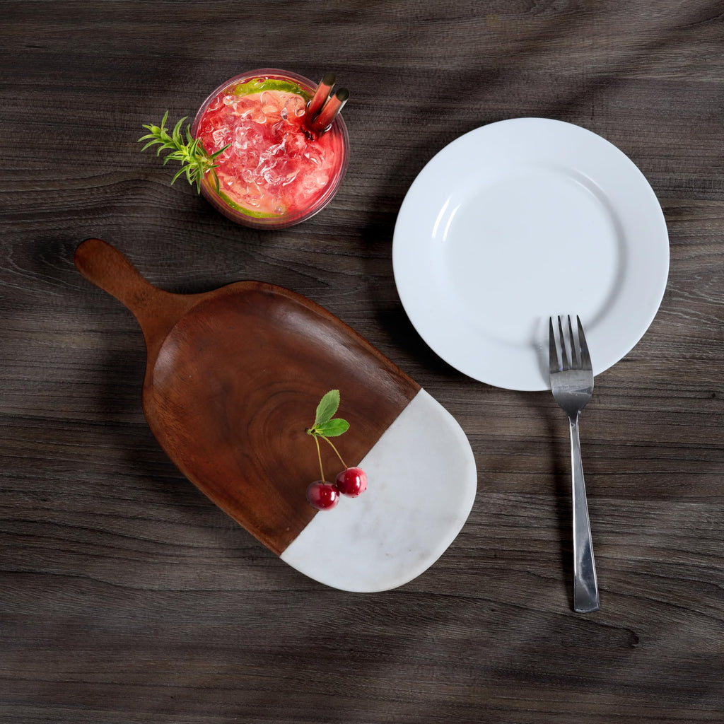 Marble and Acacia Wood Serving Tray with Handle – 12” x 5.5” Charcuterie Board