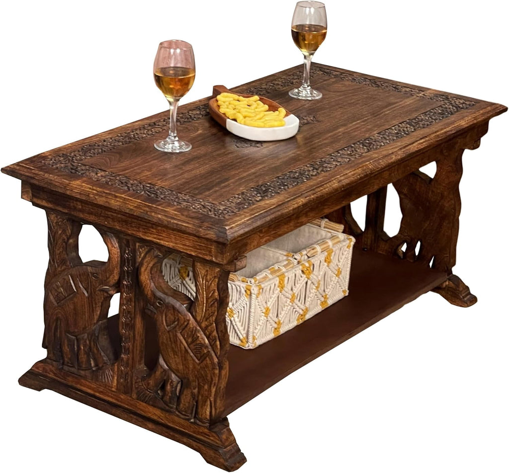 Rectangular Wooden Coffee Table, Hand-Carved Elephant Design, Burnt Finish, 40 x 20 x 18 Inch