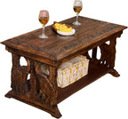 Rectangular Wooden Coffee Table, Hand-Carved Elephant Design, Burnt Finish, 40 x 20 x 18 Inch