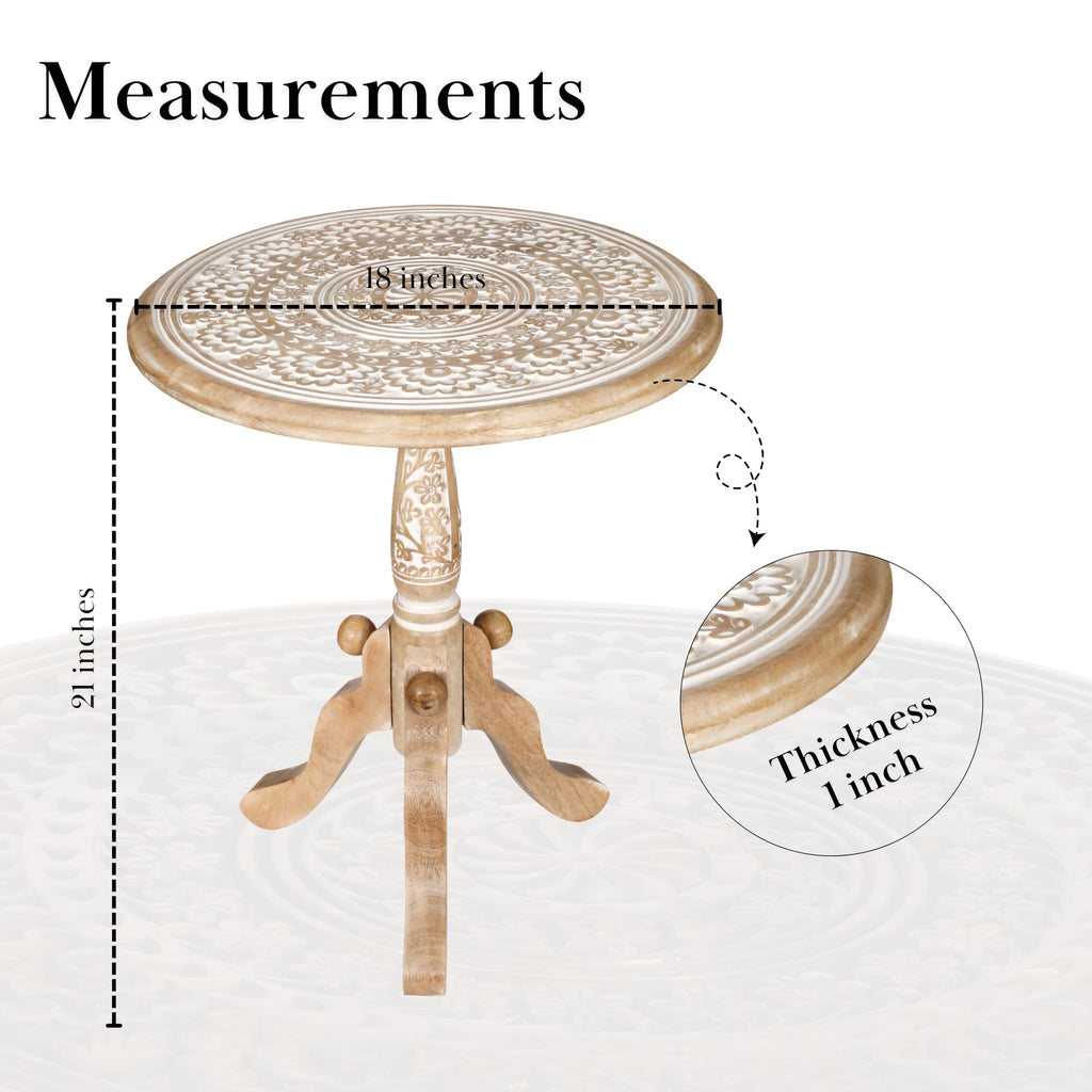 The Wooden Town Round End Table, Handcrafted Carved Side Table with Pedestal Base, Solid Mango Wood Accent Table, White Wash, 18 x 21 Inch