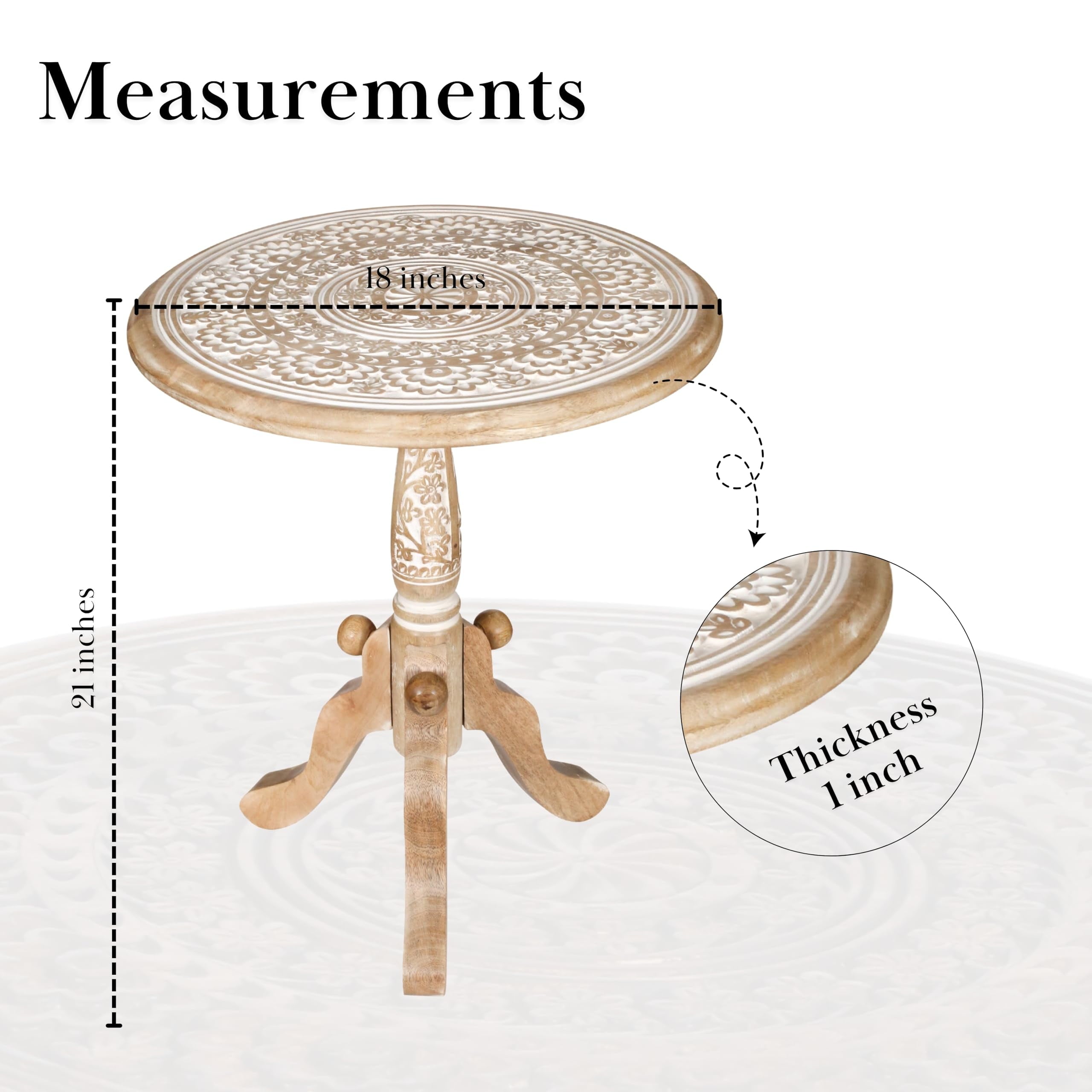 The Wooden Town Round End Table, Handcrafted Carved Side Table with Pedestal Base, Solid Mango Wood Accent Table, White Wash, 18 x 21 Inch