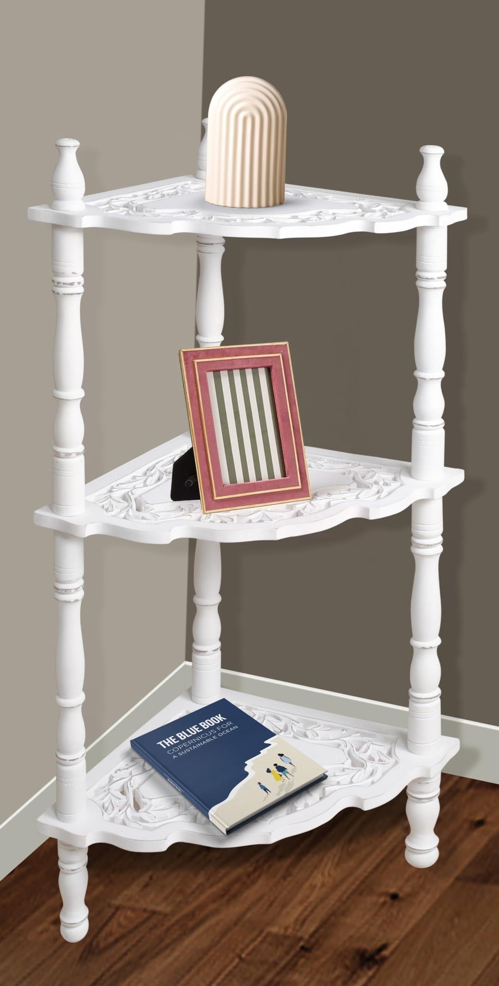The Wooden Town Corner Shelf Stand, 4-Tier Wooden Corner Bookcase for Small Spaces, Bathroom Storage Shelf, Home Office Display Rack, Antique White, 14.5 x 14.5 x 40 Inch