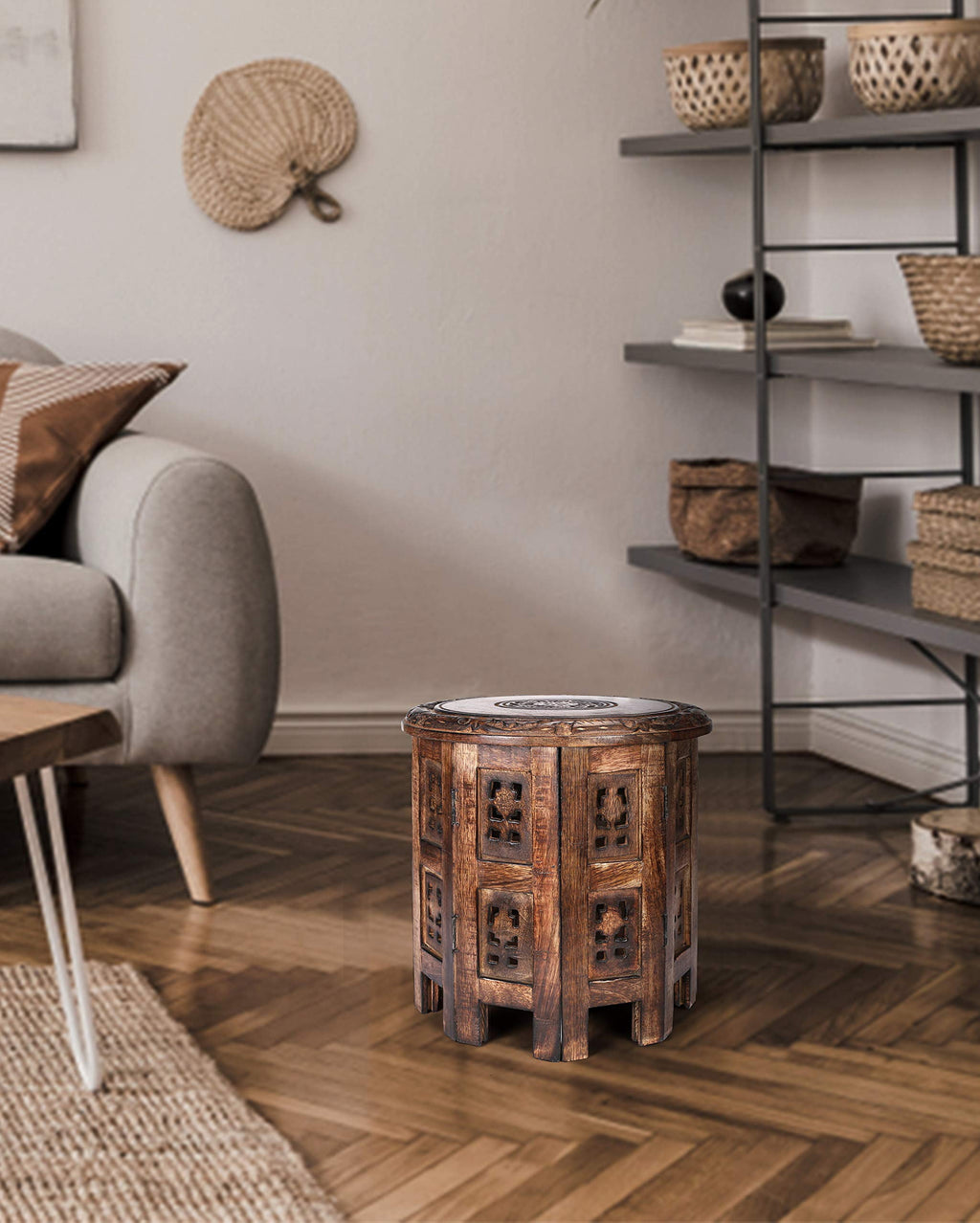 The Wooden Town Vintage Carved Round End Table, Rustic Boho Accent Side Table, 12 Inch