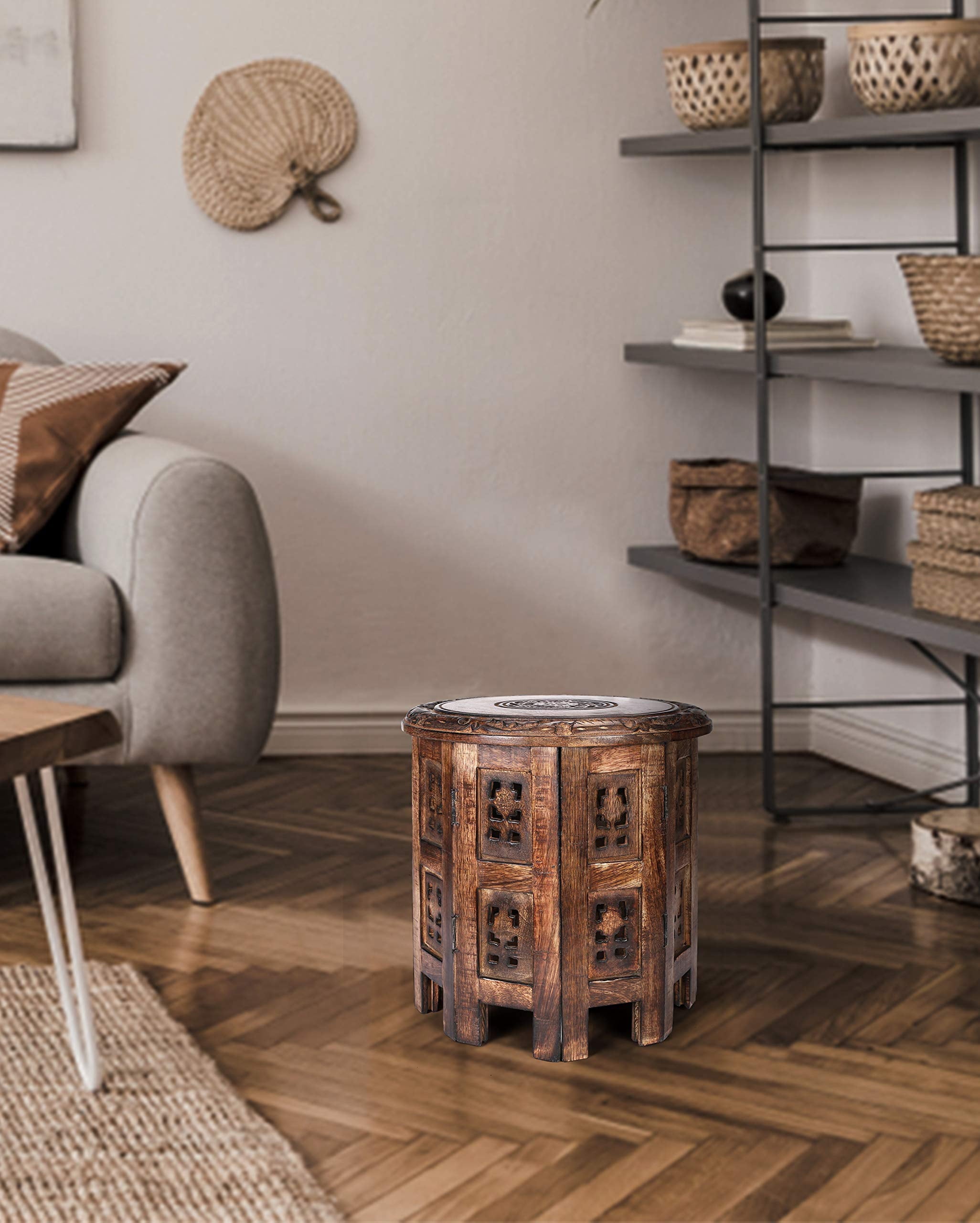 The Wooden Town Vintage Carved Round End Table, Rustic Boho Accent Side Table, 12 Inch