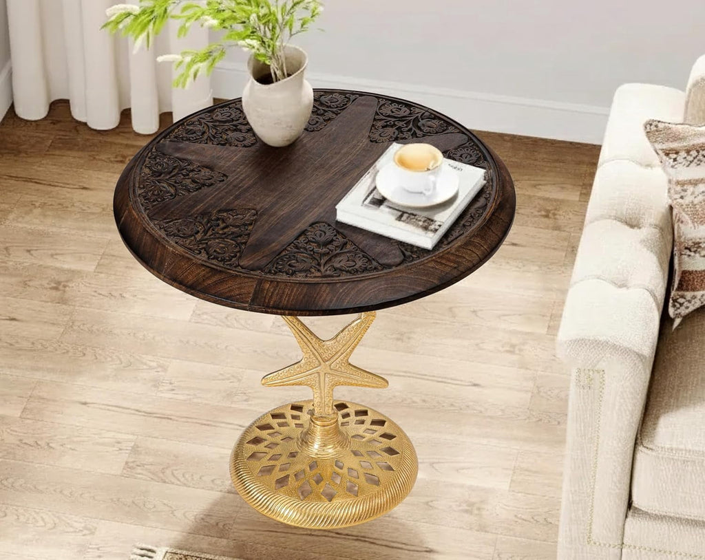The Wooden Town Hand-Carved Boho Folding Side Table, Burnt Brown Top with Gold Aluminum Star Base, 18 x 22 Inch