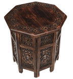 The Wooden Town Hand-Carved Folding Side Table, Vintage Boho End Table for Small Spaces, Living Room & Bedroom Accent Table, Scorch Burnt Finish, 18 x 18 Inch