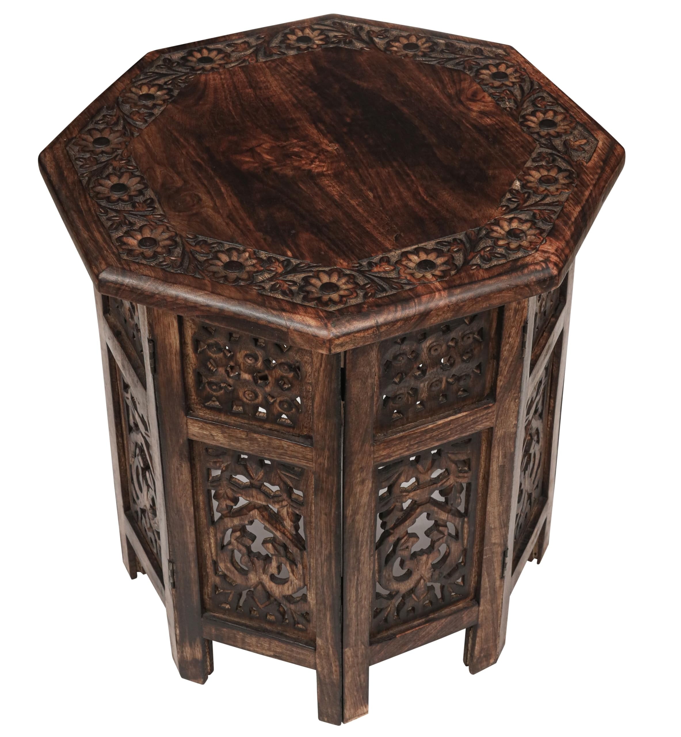 The Wooden Town Hand-Carved Folding Side Table, Vintage Boho End Table for Small Spaces, Living Room & Bedroom Accent Table, Scorch Burnt Finish, 18 x 18 Inch