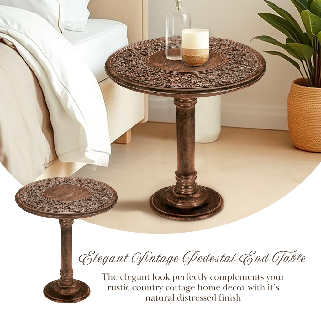 The Wooden Town Hand-Carved Wooden End Table, Solid Wood Side Table for Living Room & Bedroom, Rustic Accent Table with Burnt Finish, 18 x 22 Inch