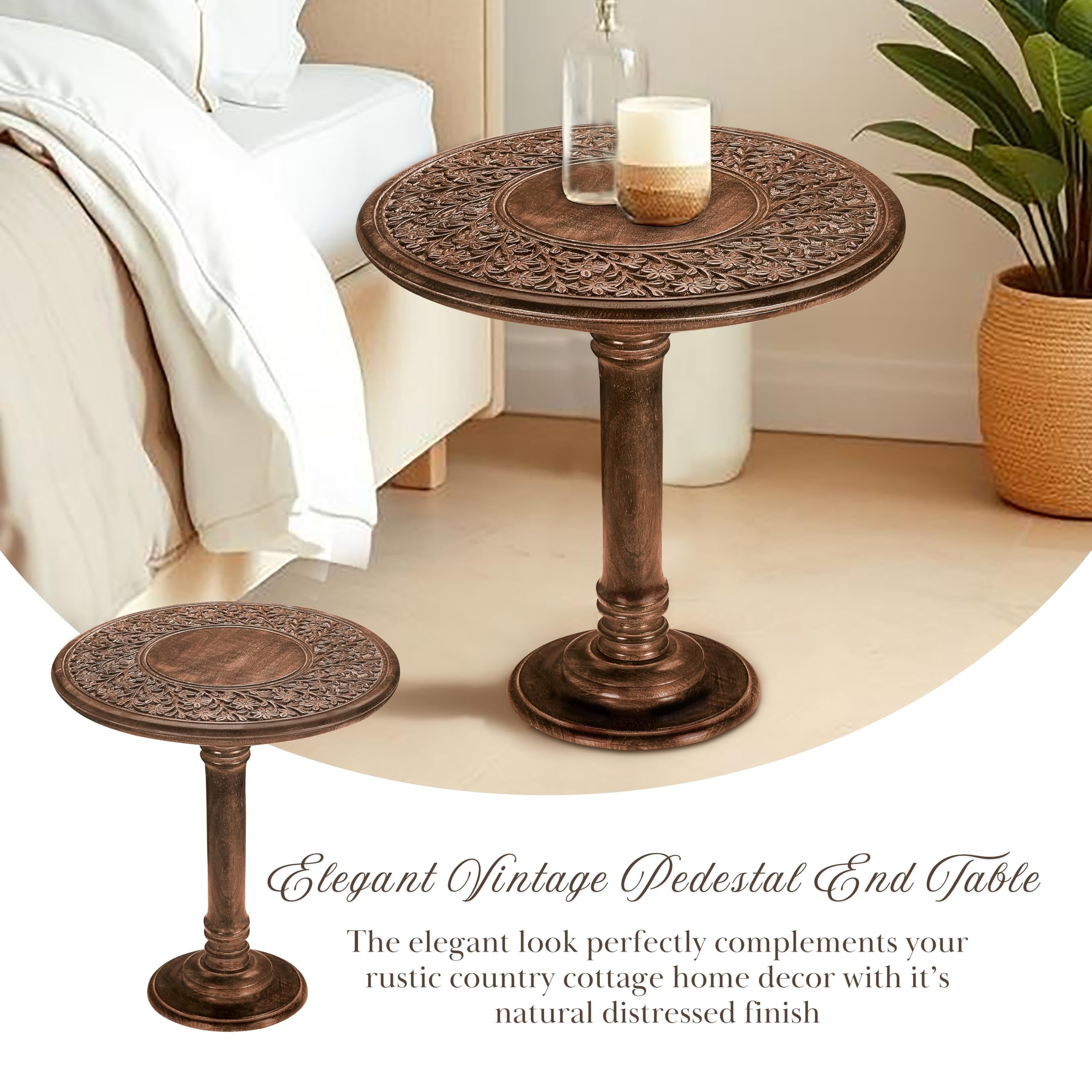 The Wooden Town Hand-Carved Wooden End Table, Solid Wood Side Table for Living Room & Bedroom, Rustic Accent Table with Burnt Finish, 18 x 22 Inch