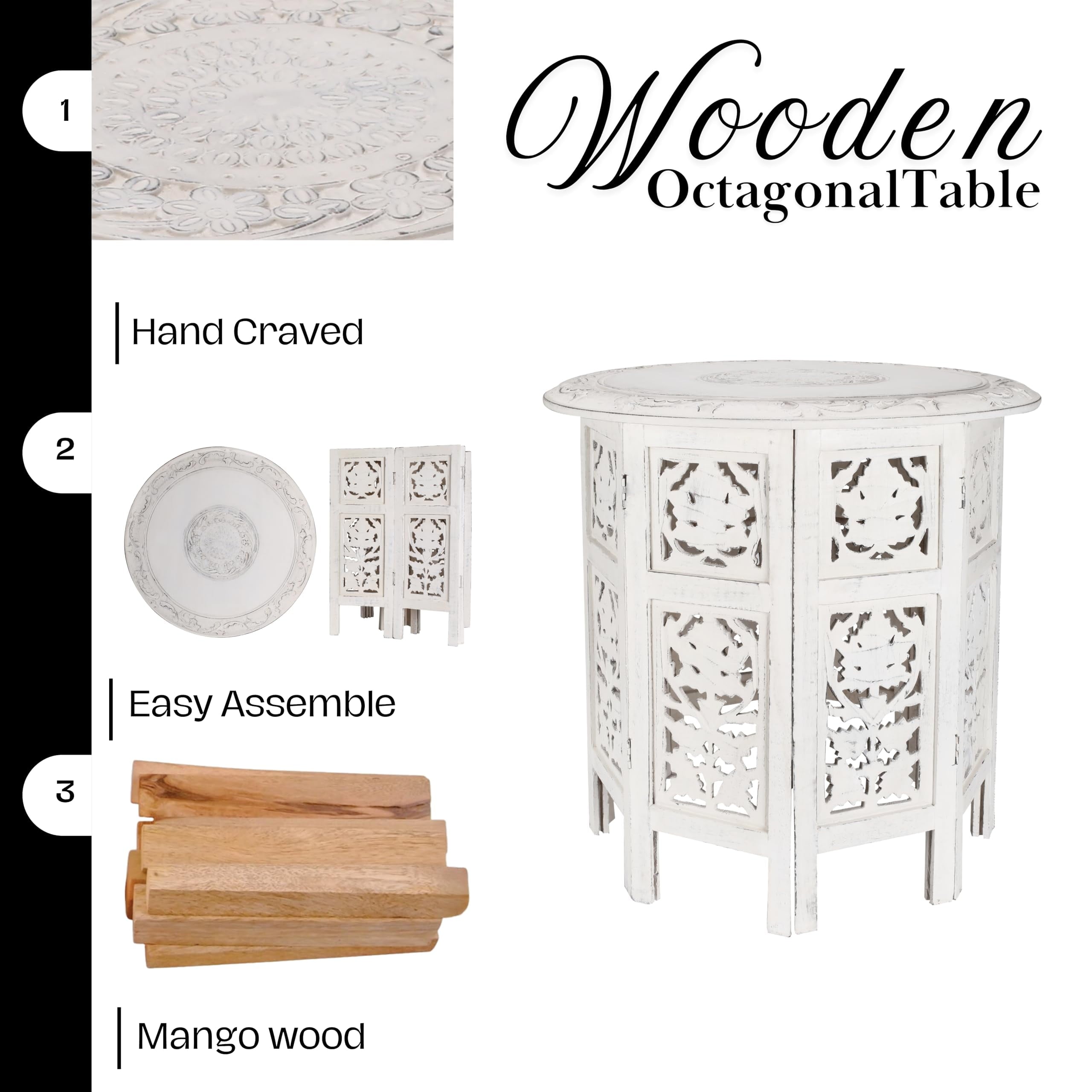 The Wooden Town Handcrafted Solid Wood End Table, Antique White Accent Side Table for Living Room & Bedroom, 18 x 18 Inch