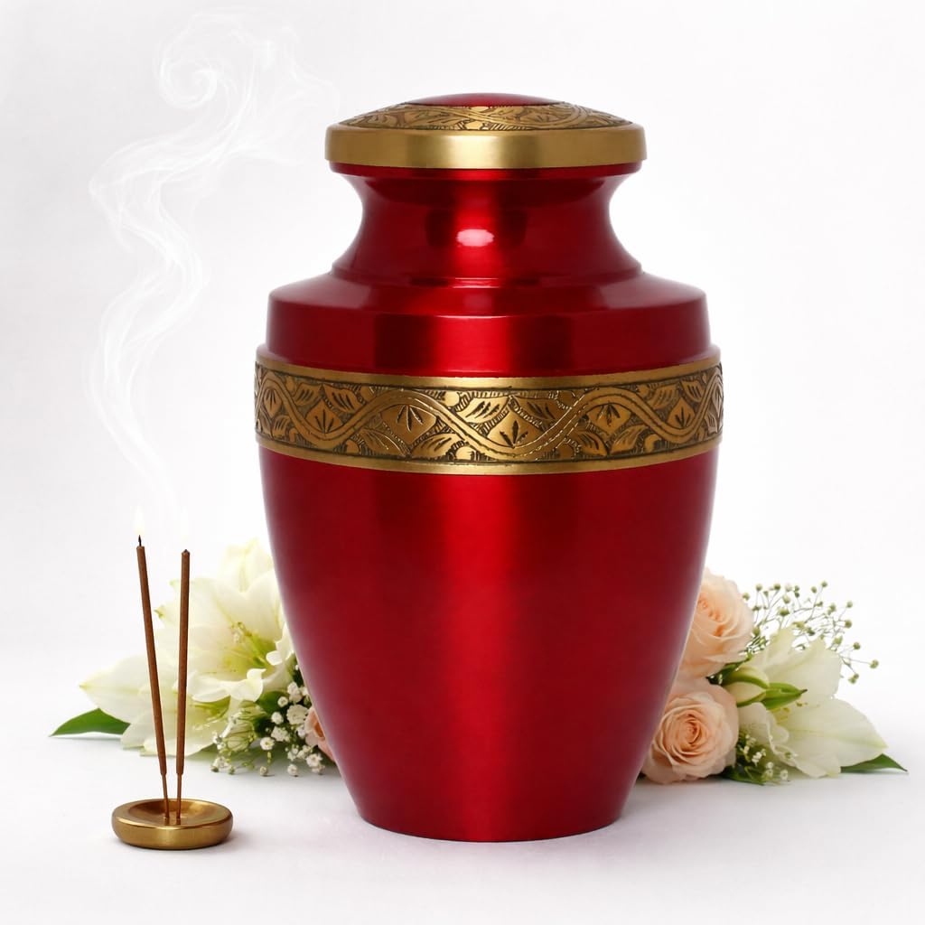 Grecian Red Gold Metal Cremation Urn for Adult Human Ashes – 9” x 7”