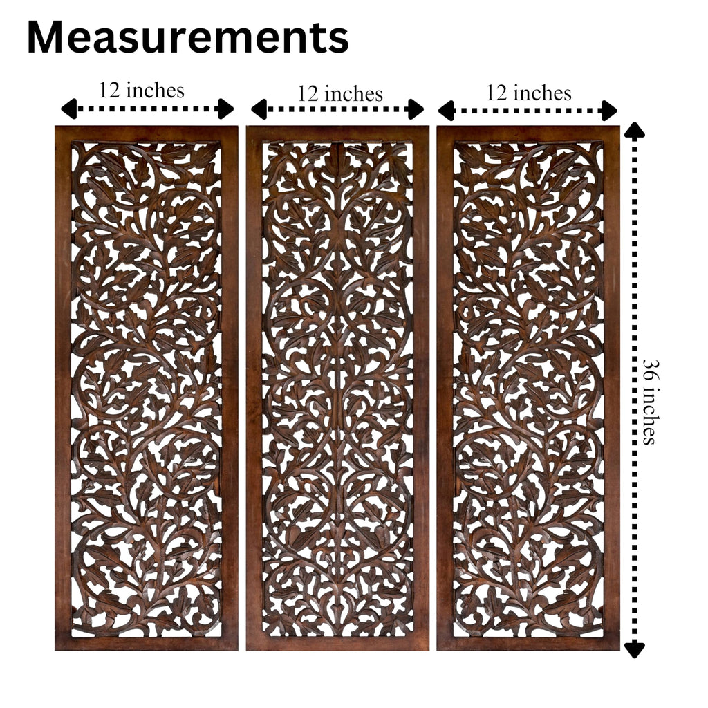 Hand-Carved Wooden Wall Panels Set of 3 – 36” x 12” Burnt Finish Wall Décor