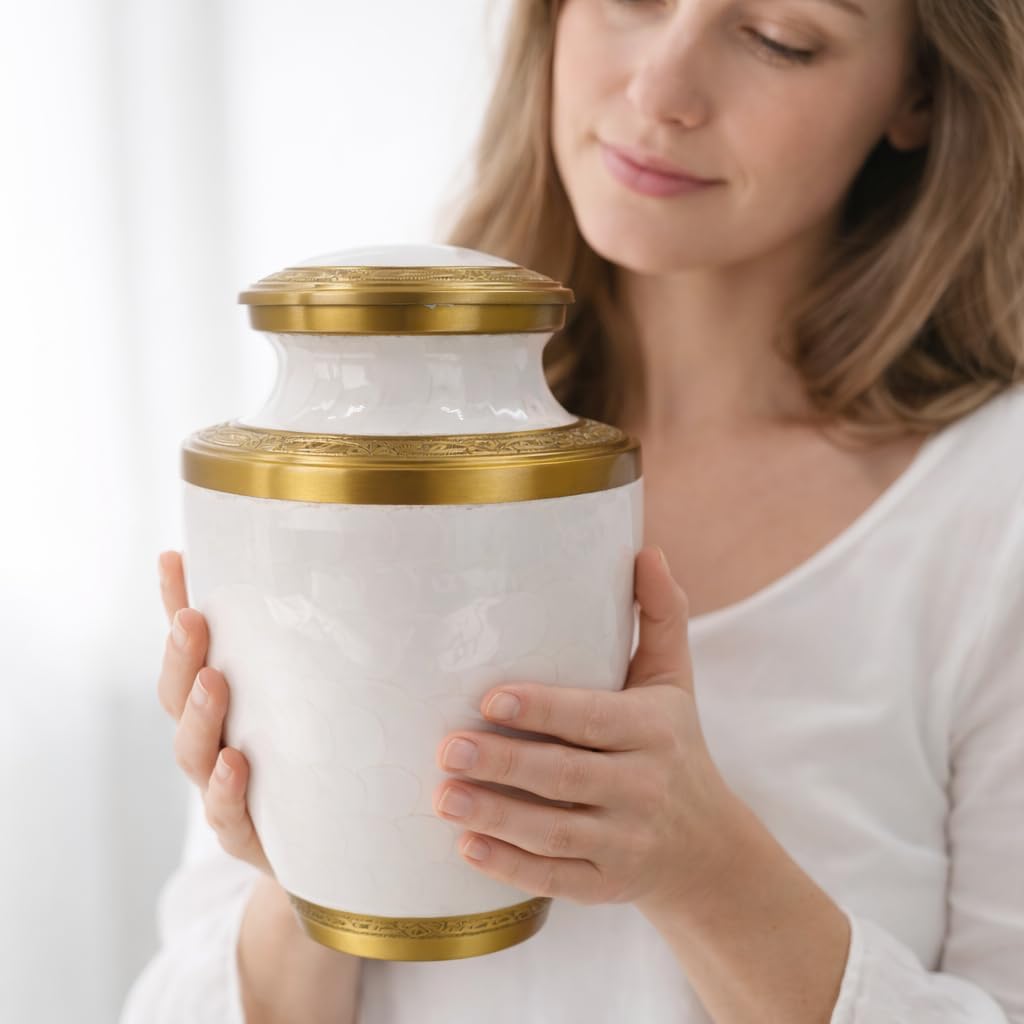 Trinity Pearl White Gold Metal Cremation Urn for Adult Human Ashes – 10” x 6.5”