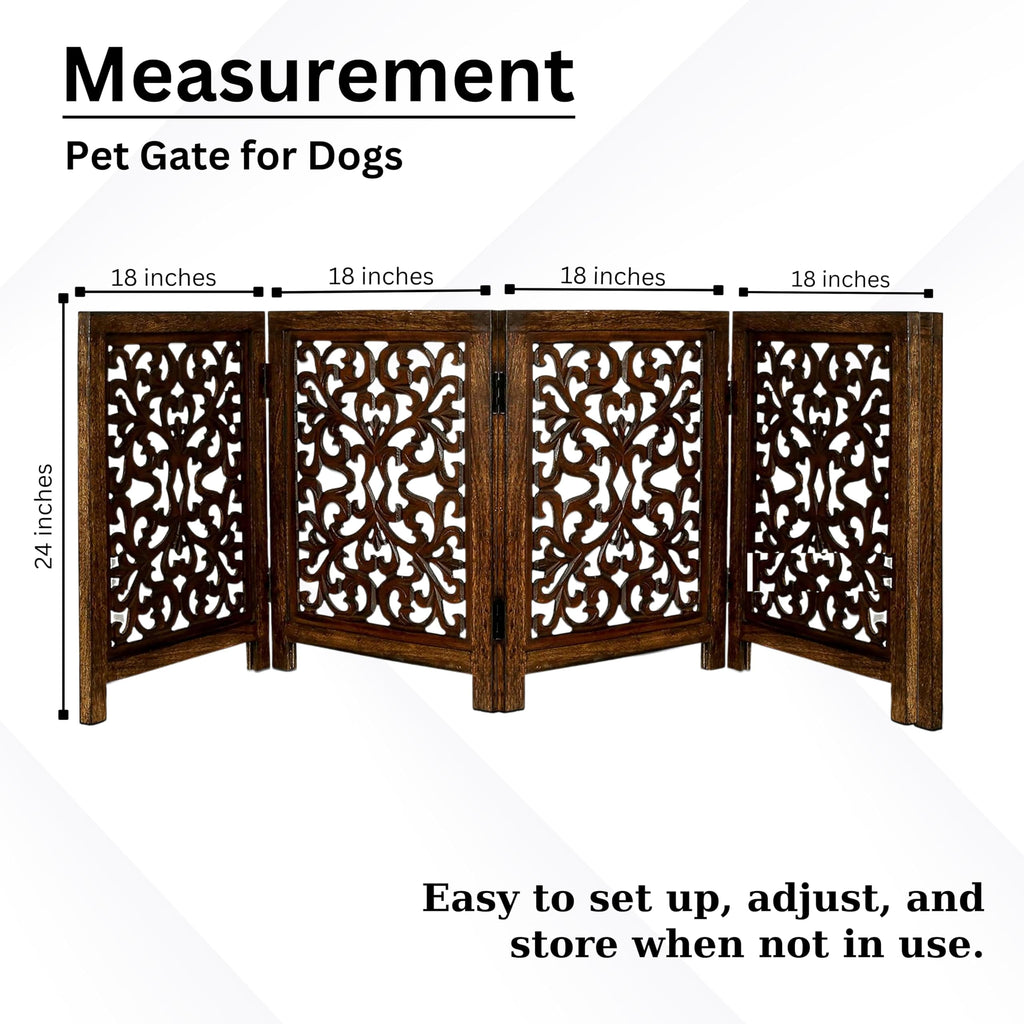 The Wooden Town Freestanding Dog Gate, Foldable 4-Panel Wooden Pet Gate for Indoor Use, Hand-Carved Solid Wood & MDF, Antique Brown, 72" W x 24" H