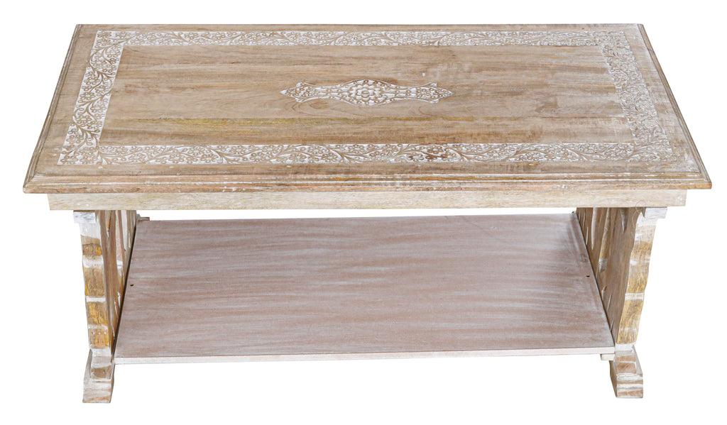 Rectangular Wooden Coffee Table, White Wash Foldable Farmhouse Table, Hand-Carved Elephant Design, 40 x 20 x 18 Inch