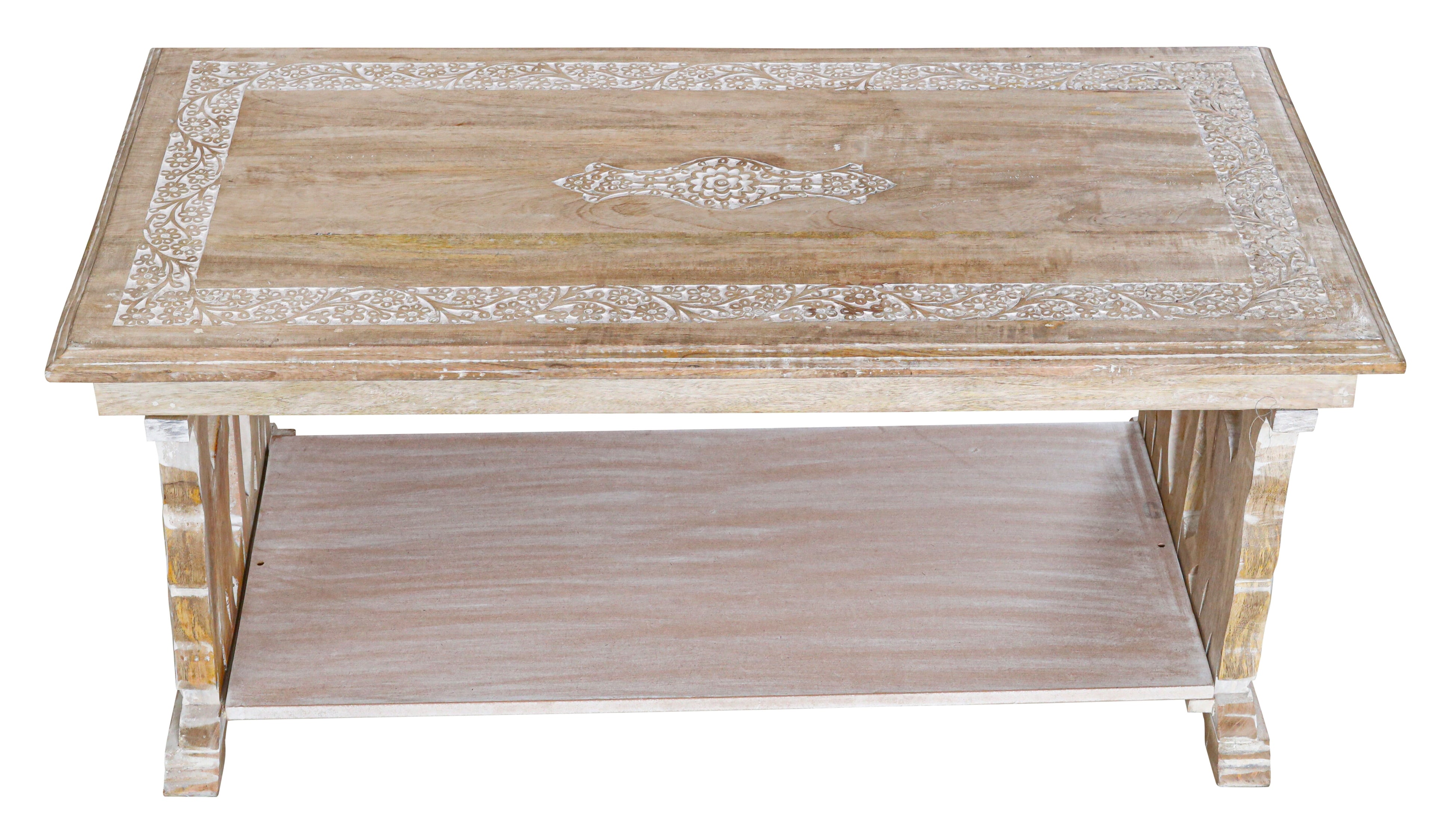 Rectangular Wooden Coffee Table, White Wash Foldable Farmhouse Table, Hand-Carved Elephant Design, 40 x 20 x 18 Inch