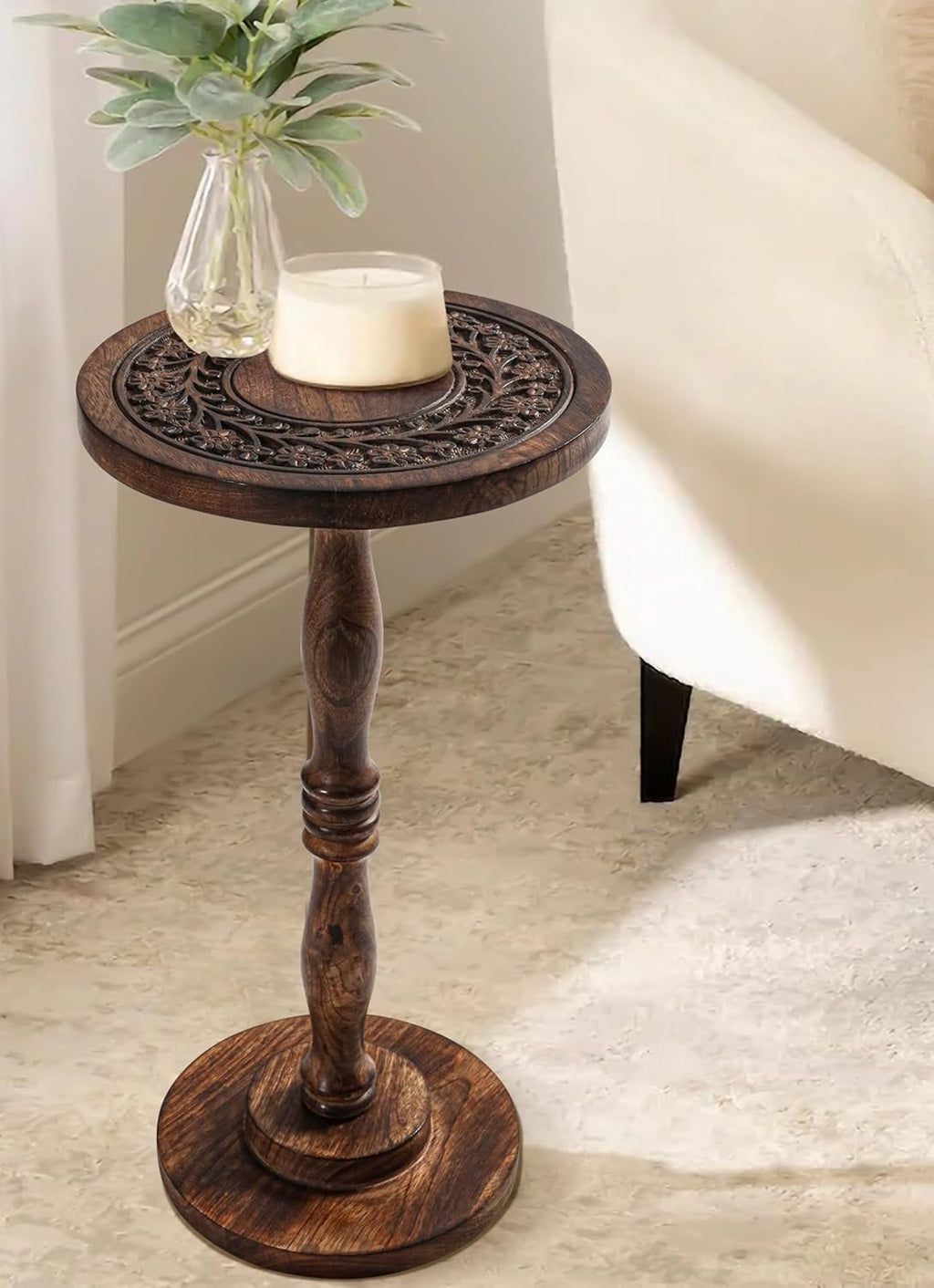 The Wooden Town Round Side Table, Hand-Carved Drink Table, Scorch Burnt Finish, 12 x 22 Inch