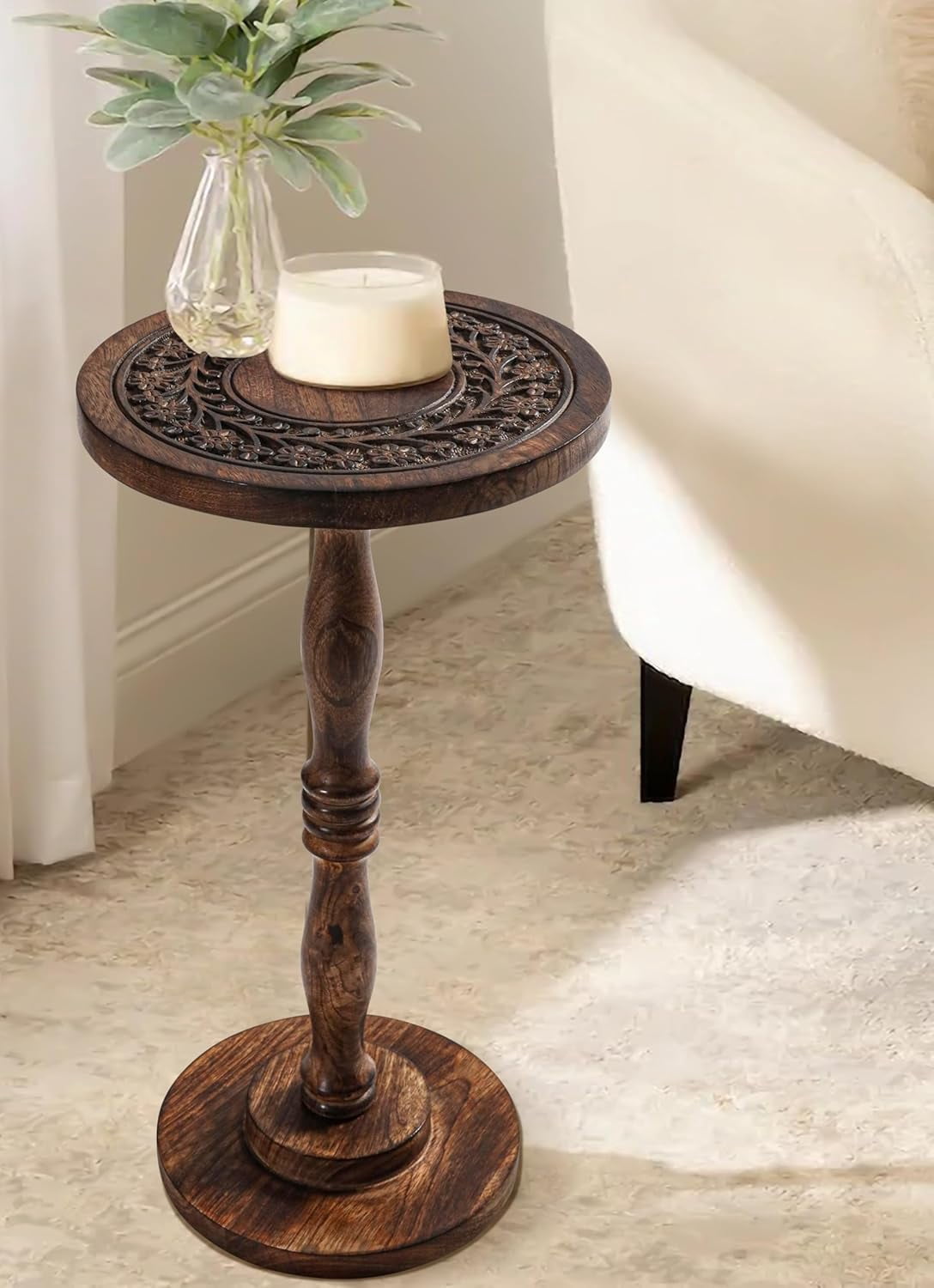 The Wooden Town Round Side Table, Hand-Carved Drink Table, Scorch Burnt Finish, 12 x 22 Inch