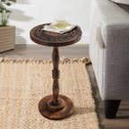The Wooden Town Round Side Table, Hand-Carved Drink Table, Scorch Burnt Finish, 12 x 22 Inch