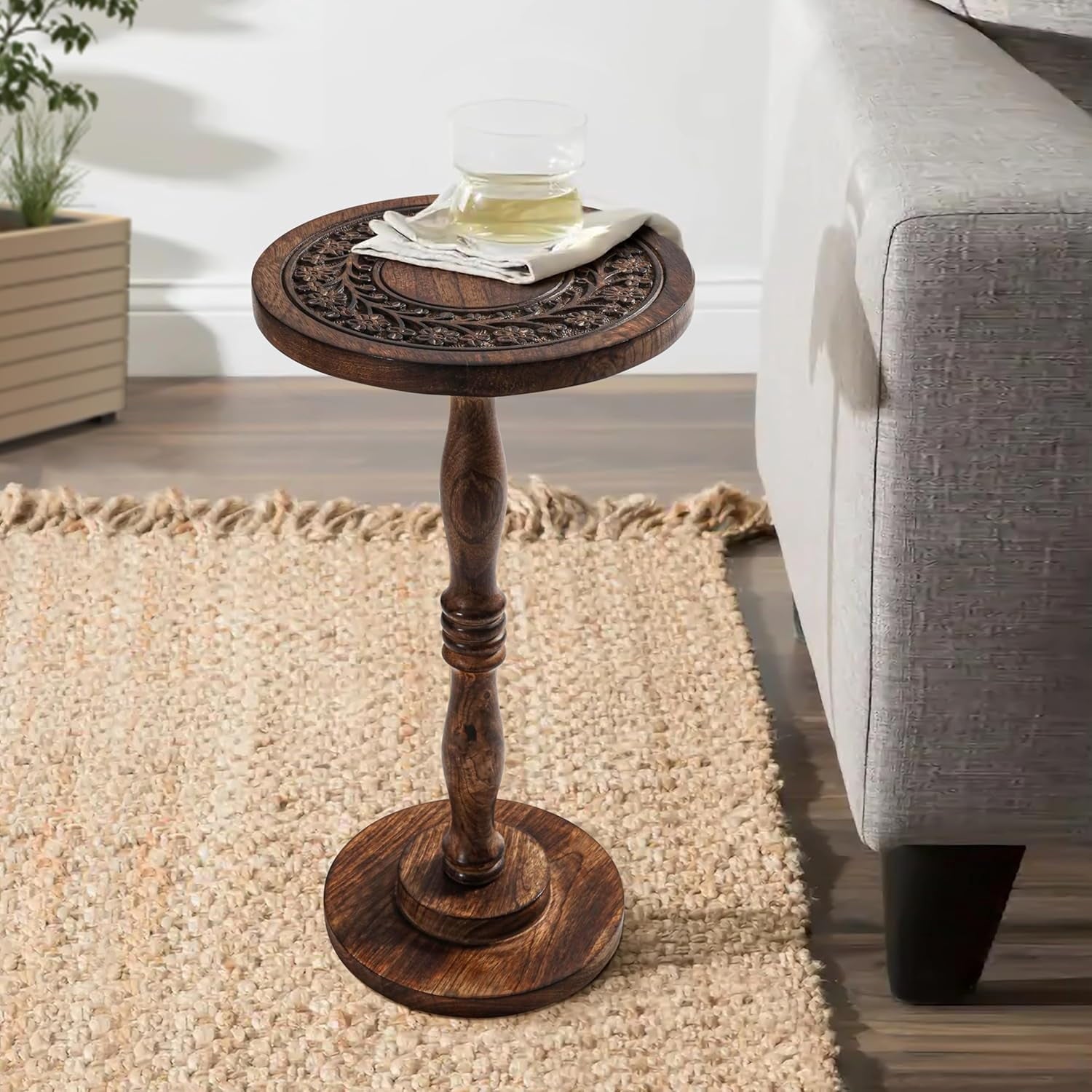 The Wooden Town Round Side Table, Hand-Carved Drink Table, Scorch Burnt Finish, 12 x 22 Inch