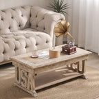 Rectangular Wooden Coffee Table, White Wash Foldable Farmhouse Table, Hand-Carved USA Design, 40 x 20 x 18 Inch