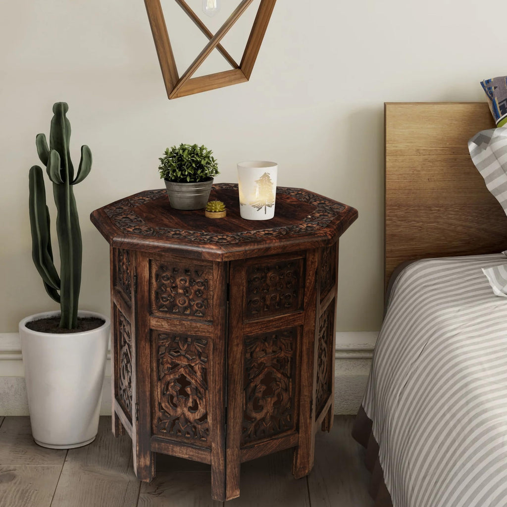 The Wooden Town Hand-Carved Folding Side Table, Vintage Boho End Table for Small Spaces, Living Room & Bedroom Accent Table, Scorch Burnt Finish, 18 x 18 Inch