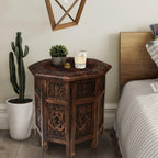The Wooden Town Hand-Carved Folding Side Table, Vintage Boho End Table for Small Spaces, Living Room & Bedroom Accent Table, Scorch Burnt Finish, 18 x 18 Inch