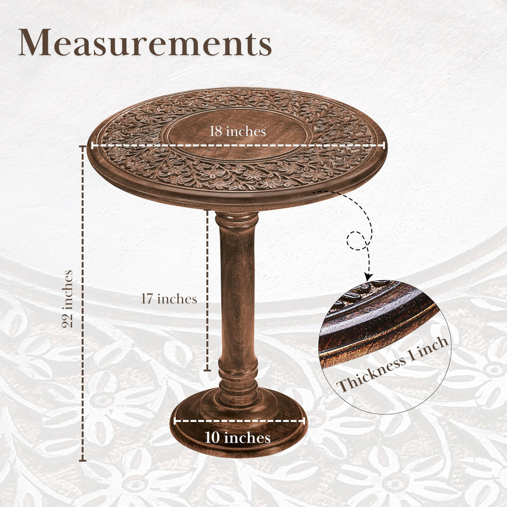 The Wooden Town Hand-Carved Wooden End Table, Solid Wood Side Table for Living Room & Bedroom, Rustic Accent Table with Burnt Finish, 18 x 22 Inch
