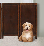 The Wooden Town Foldable Indoor Pet Gate, Free-Standing 4-Panel Dog Barrier, Hand-Carved Solid Wood & MDF, Burnt Finish, 56" W x 28" H