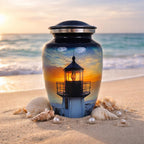 Lighthouse Midnight Ink Blue Metal Cremation Urn for Adult Ashes – 10” x 6”
