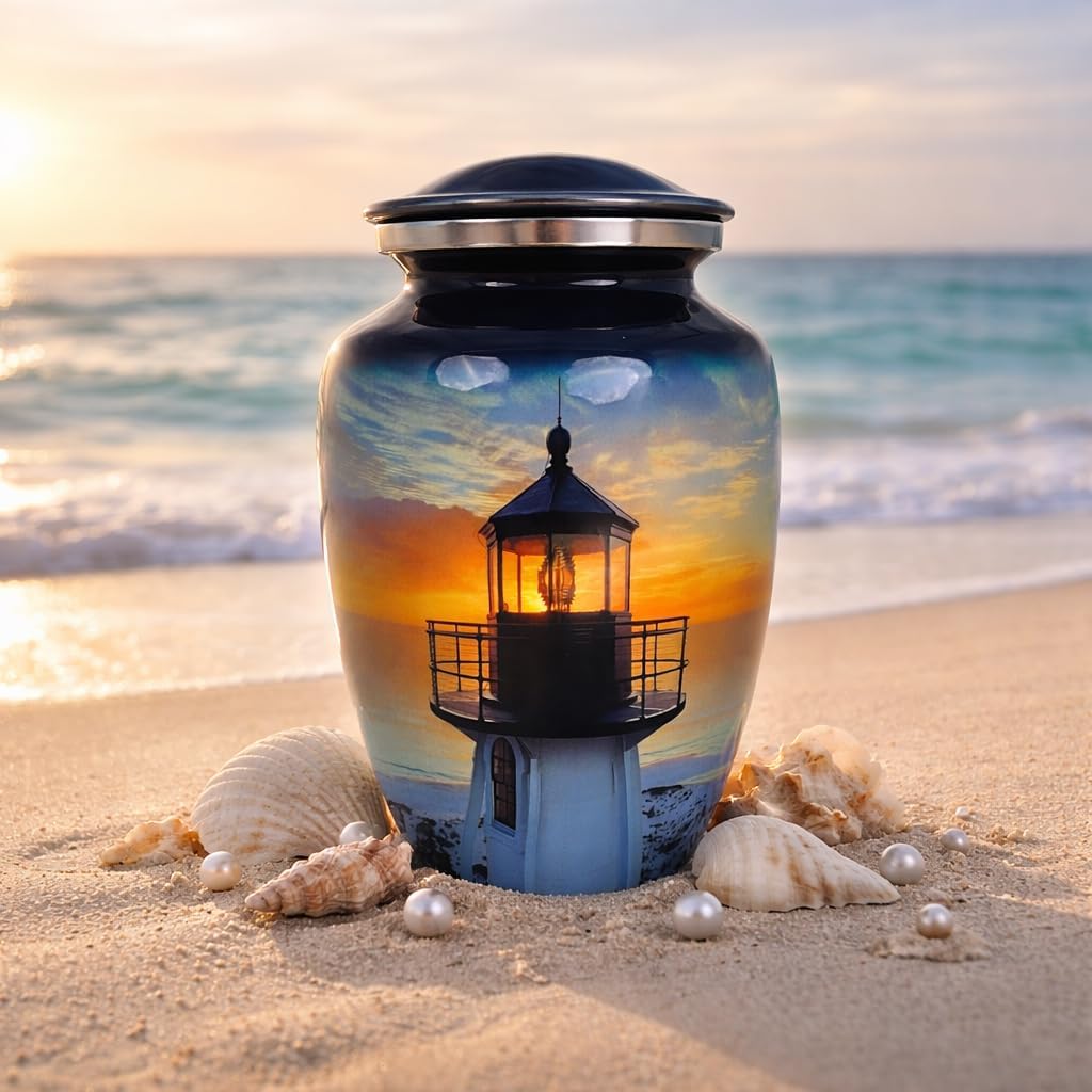Lighthouse Midnight Ink Blue Metal Cremation Urn for Adult Ashes – 10” x 6”