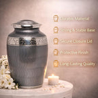 Platinum Gray Silver Metal Cremation Urn for Adult Remains – Elegant Texture, 10” x 6”