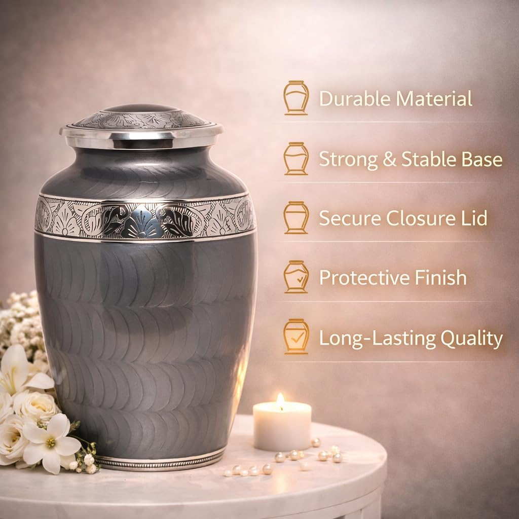 Platinum Gray Silver Metal Cremation Urn for Adult Remains – Elegant Texture, 10” x 6”