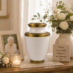 Trinity Pearl White Gold Metal Cremation Urn for Adult Human Ashes – 10” x 6.5”