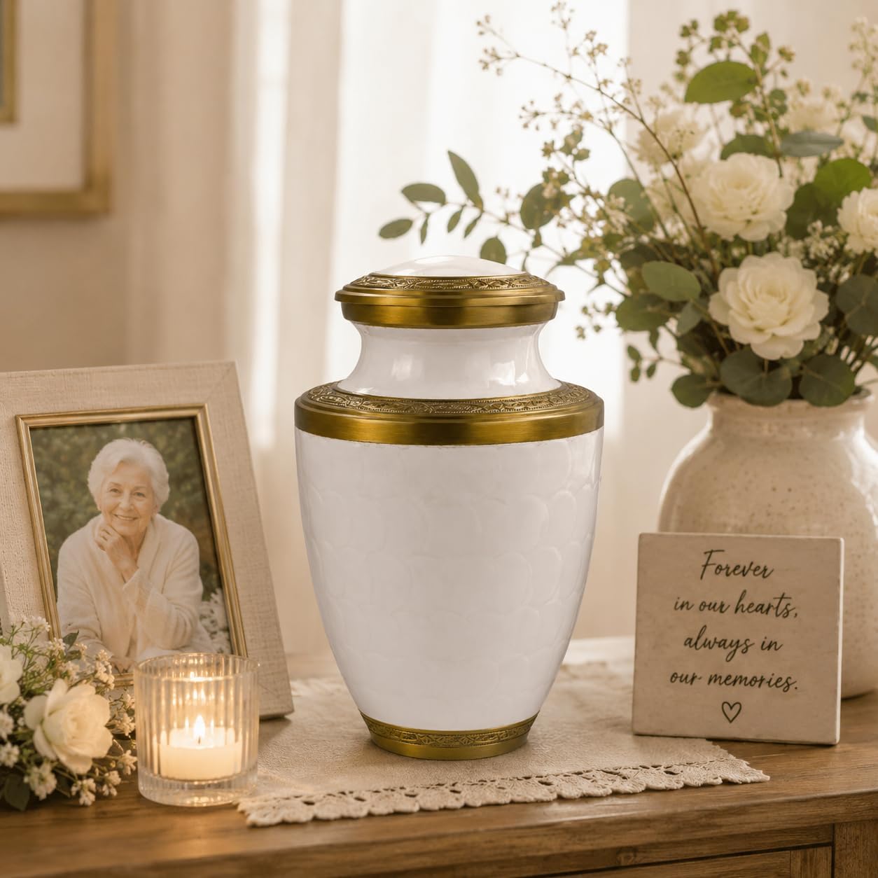 Trinity Pearl White Gold Metal Cremation Urn for Adult Human Ashes – 10” x 6.5”