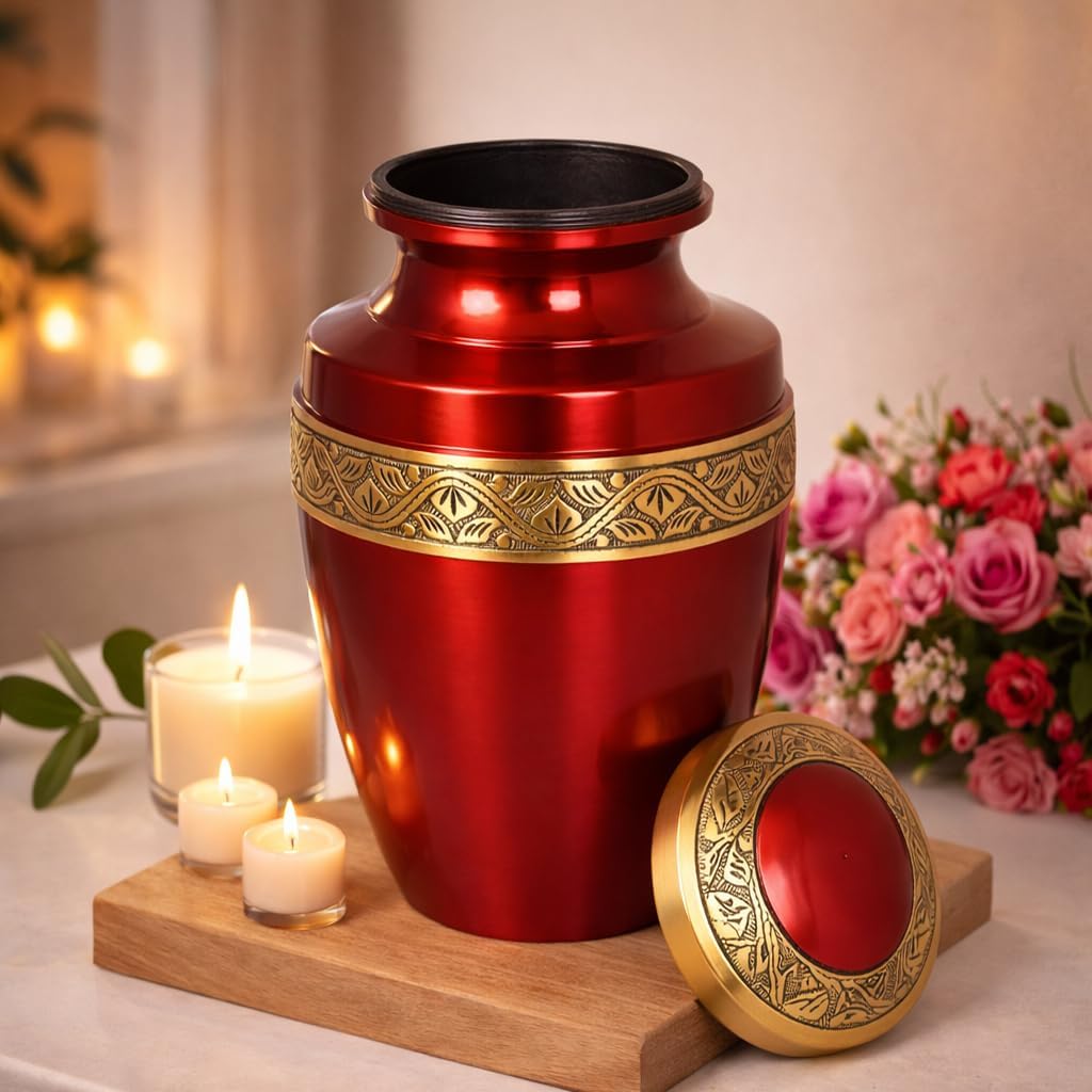 Grecian Red Gold Metal Cremation Urn for Adult Human Ashes – 9” x 7”