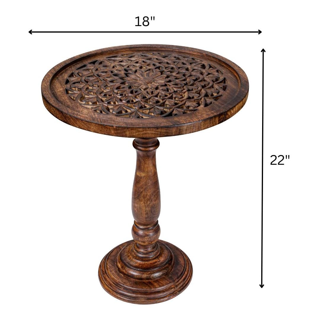 Hand-Carved Solid Wood Pedestal End Table (18”×22”)