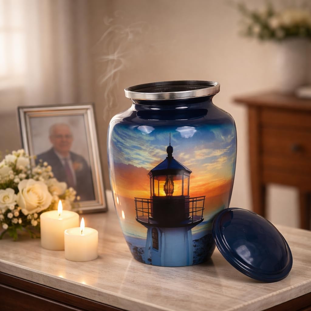 Lighthouse Midnight Ink Blue Metal Cremation Urn for Adult Ashes – 10” x 6”