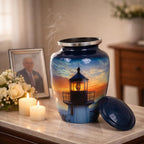 Lighthouse Midnight Ink Blue Metal Cremation Urn for Adult Ashes – 10” x 6”