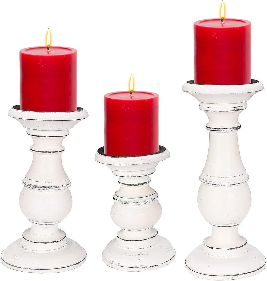 Wooden Town Pillar Candle Holders – Set of 3 (Antique White)
