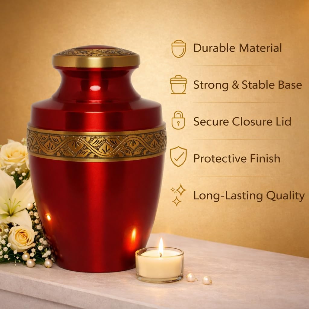 Grecian Red Gold Metal Cremation Urn for Adult Human Ashes – 9” x 7”