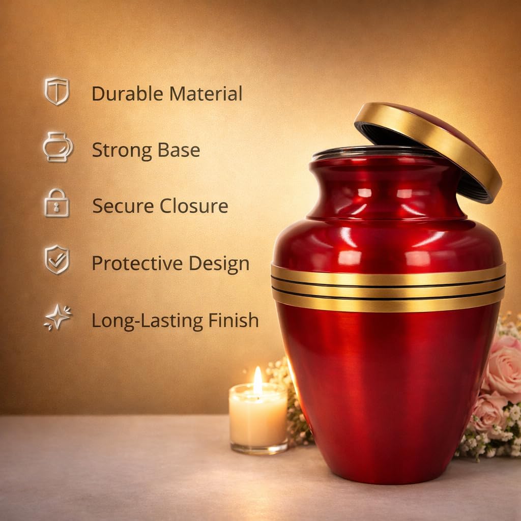 Avlon Crimson Red Gold Metal Cremation Urn for Adult Ashes – 10” x 7”