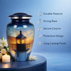 Lighthouse Midnight Ink Blue Metal Cremation Urn for Adult Ashes – 10” x 6”