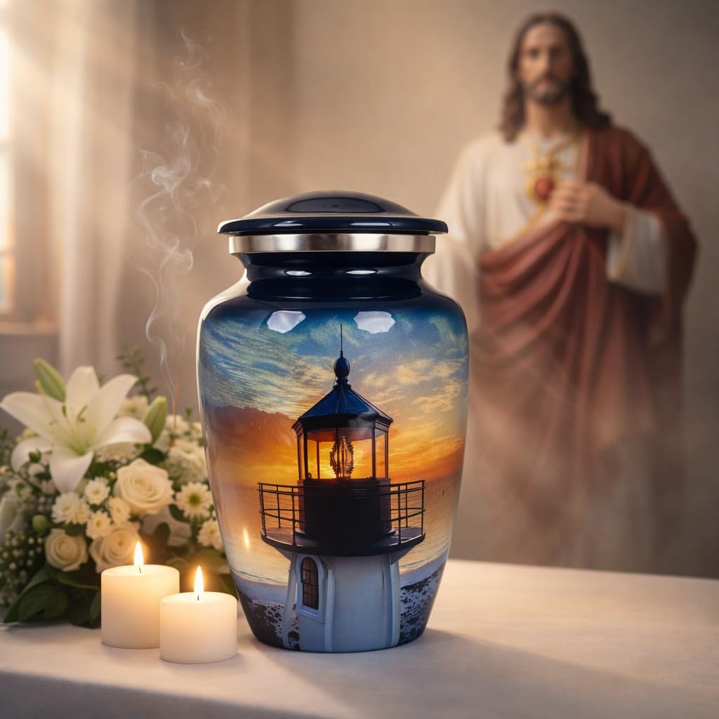 Lighthouse Midnight Ink Blue Metal Cremation Urn for Adult Ashes – 10” x 6”