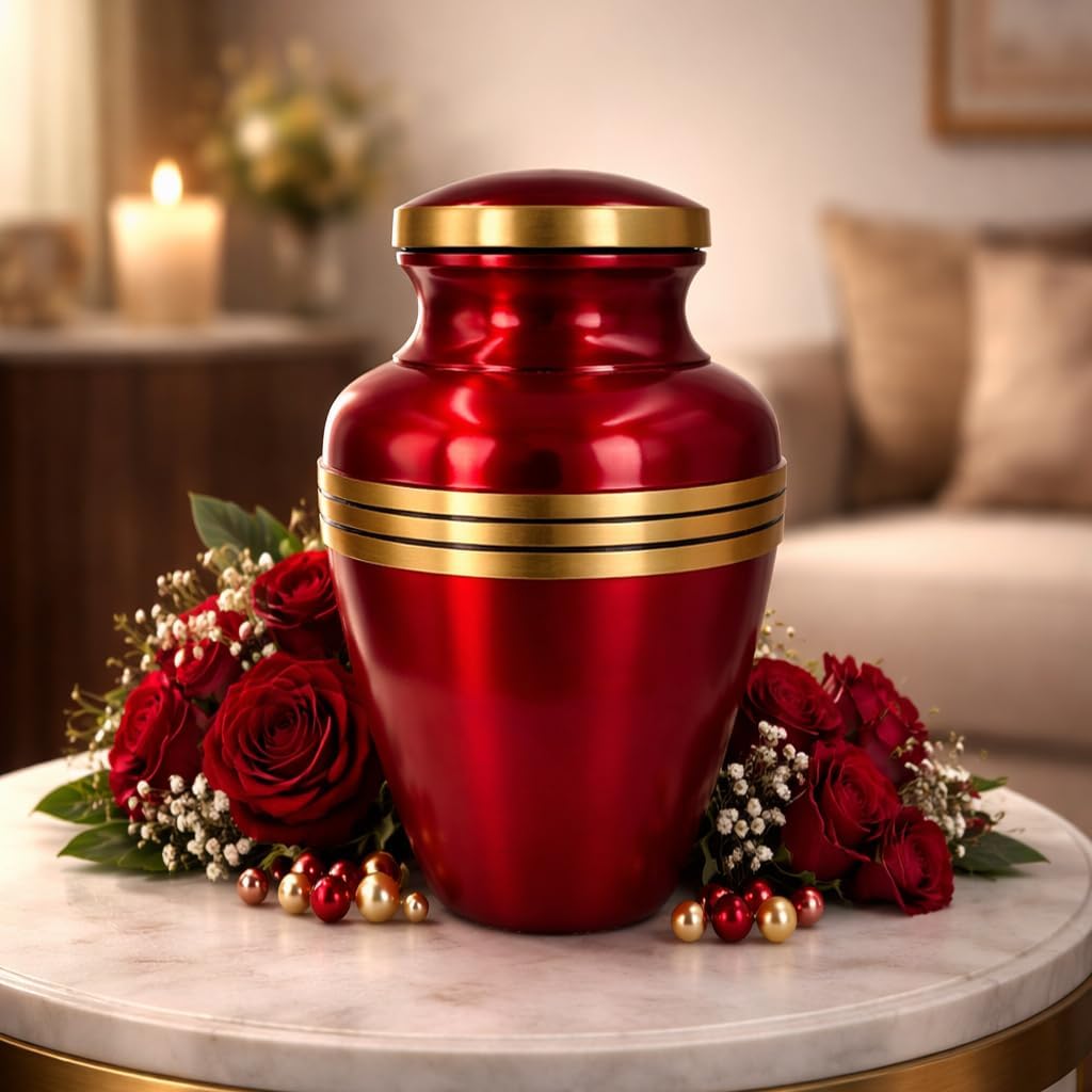 Avlon Crimson Red Gold Metal Cremation Urn for Adult Ashes – 10” x 7”