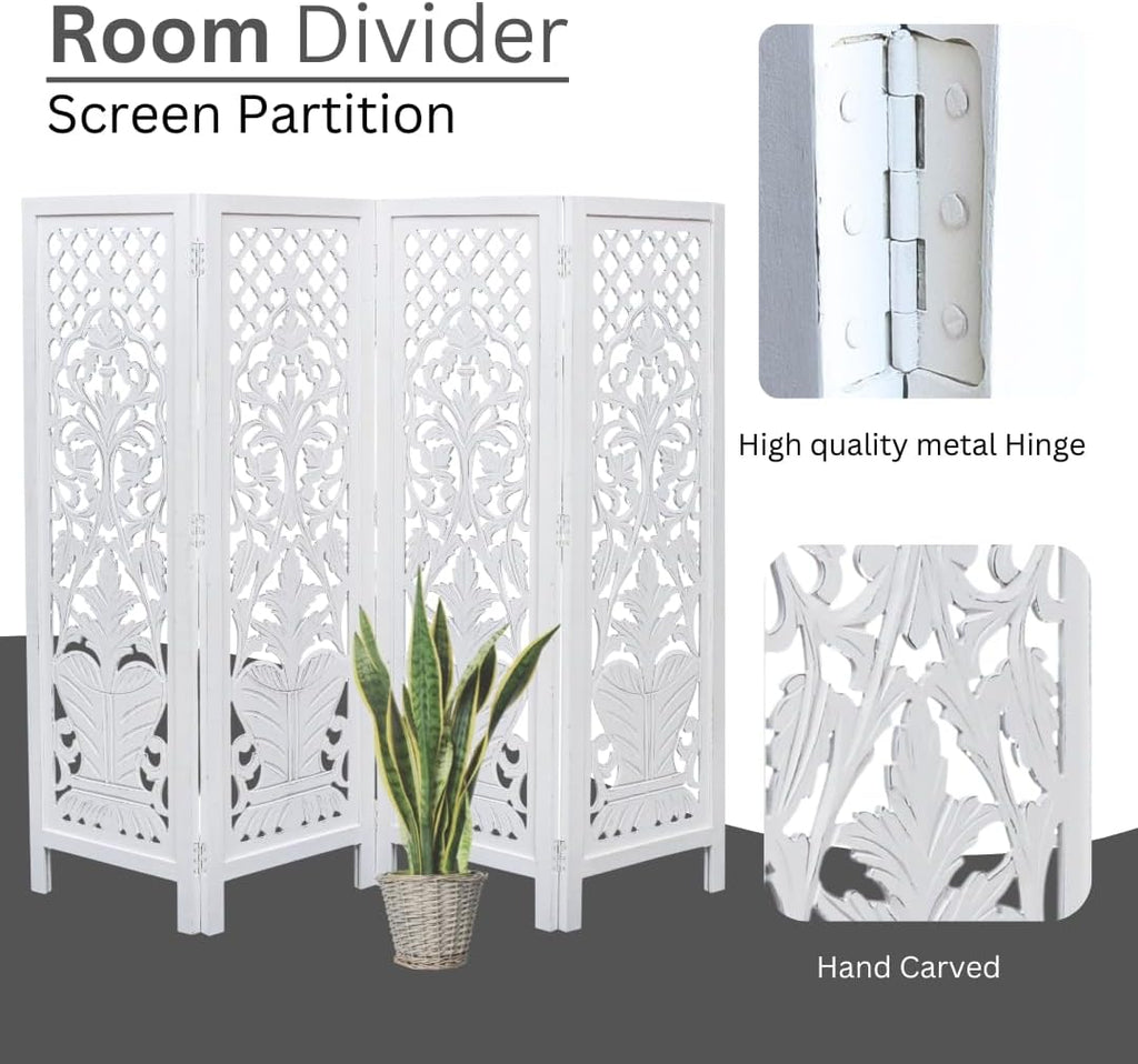 Hand-Carved Wooden Room Divider – 4-Panel Folding Screen (64”×54”)