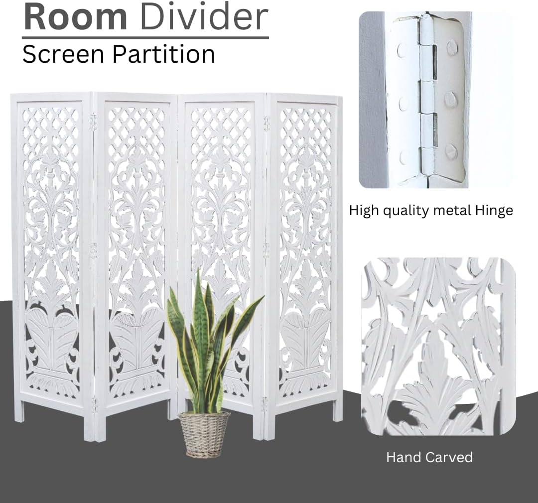 Hand-Carved Wooden Room Divider – 4-Panel Folding Screen (64”×54”)
