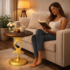 The Wooden Town Hand-Carved Boho Folding Side Table, Burnt Brown Top with Gold Aluminum Star Base, 18 x 22 Inch